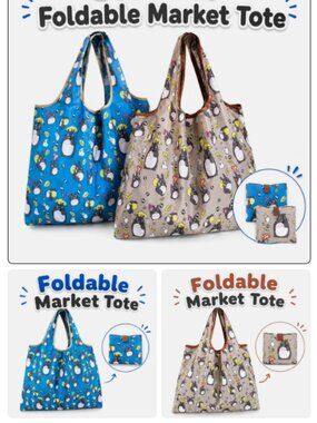 (Set of 2) Neighbor of Totoro Tote Blue Beige 2-Way LARGE Market Foldable Bag